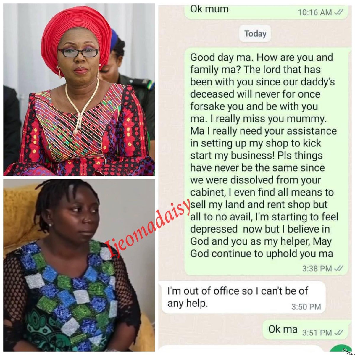 Alleged conversation between Former First Lady of Ondo State, Betty Akeredolu, and her former staff - Ijeomadaisy