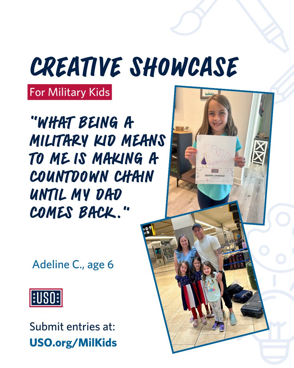 “What being a military kid means to me is making a countdown chain until my dad comes back.”  – Adeline C., age 6. Learn more about how #theUSO is celebrating #MonthoftheMilitaryChild at uso.org/MilKids