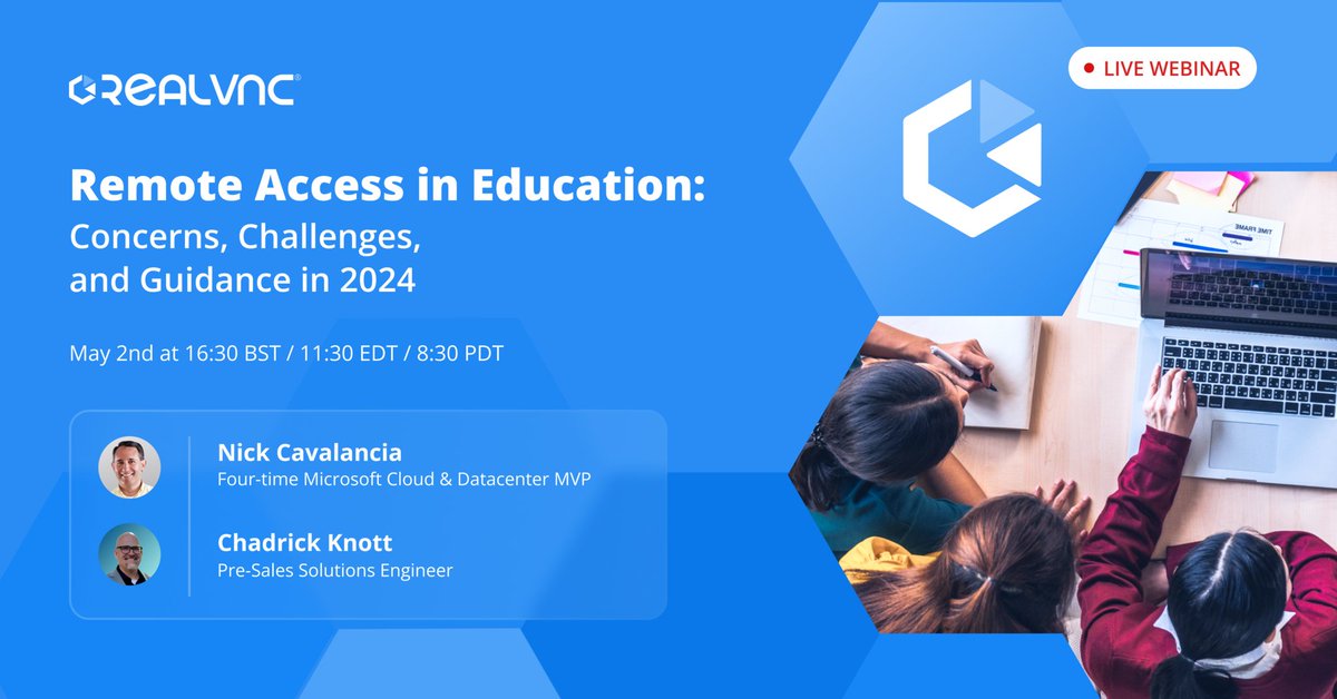 RealVNC's tweet image. Mark your calendars for May 2nd! The "Remote Access in Education: Concerns, Challenges, and Guidance in 2024" webinar is coming up. Discover how RealVNC Connect can transform education with Nick Cavalancia &amp;amp; Chad Knott. Don't miss out! 

bit.ly/4d4aJmD

#EdTech #RealVNC