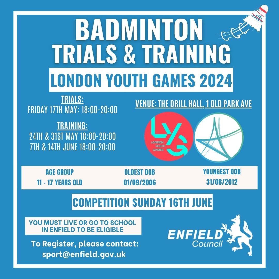 🌟 Enfield's future badminton stars! London Youth Games 2024 trials and training await! Register now to represent Enfield! Contact sport@enfield.gov.uk #LondonYouthGames #Badminton #Enfieldcouncil