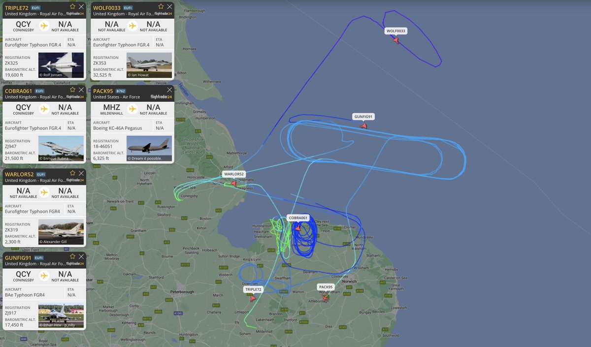 #RAF 5x eurofighter typhoons seen on the flight radar, operating over the east of england & north sea, departures from coningsby. #TRIPLE72 #GUNFIG91 #COBRA061 #WOLF0033 #WARLOR52

#USAF KC-46A pegasus also in the area circling over the north sea, mildenhall departure. #PACK95