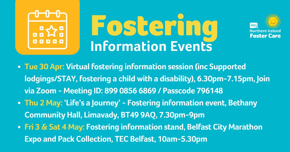 Some dates for your diary this week 📆 Pop along to one of our fostering info events (or join online from the comfort of your home) & see how you can get involved. We regularly add new events to our calendar - visit adoptionandfostercare.hscni.net/upcoming-foste… #CouldYouFoster #HSCNIFosterCare