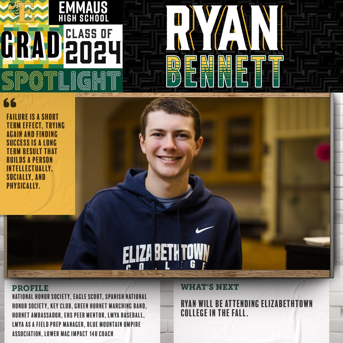 2024 Grad Spotlight- Ryan Bennett- What is the biggest lesson you’ve learned in school?
 
'Failure is a short term effect, trying again and finding success is a long term result that builds a person intellectually, socially, and physically.'

 #EastPennPROUD #2024EHSGradSpotlight