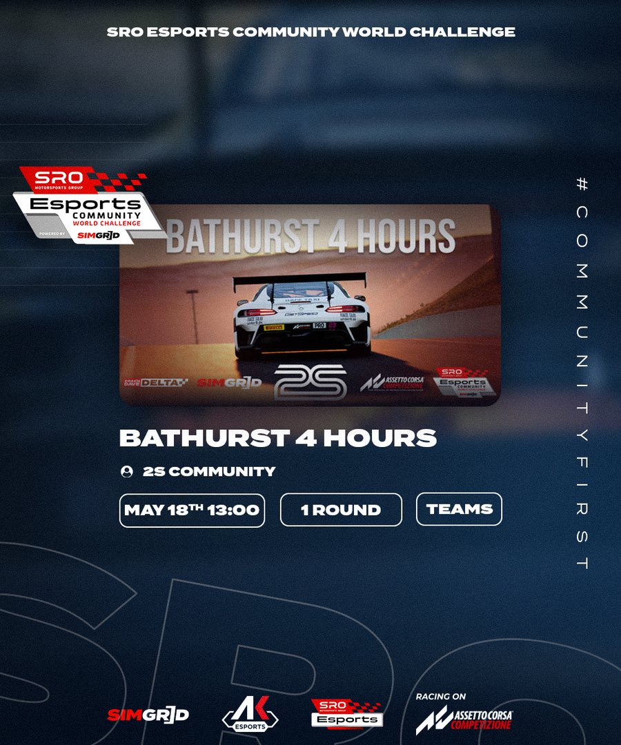 2s Community is hosting 4 Hours of Bathurst on May 18th, as a qualifier event for the SRO Community World Challenge Final! 🔥 🏎 GT3 💪 Teams of 2 ⚡️ LFM BOP applied 🏁 1 Race Take a look at the full championship details... 👇 thesimgrid.com/championships/… #CommunityFirst