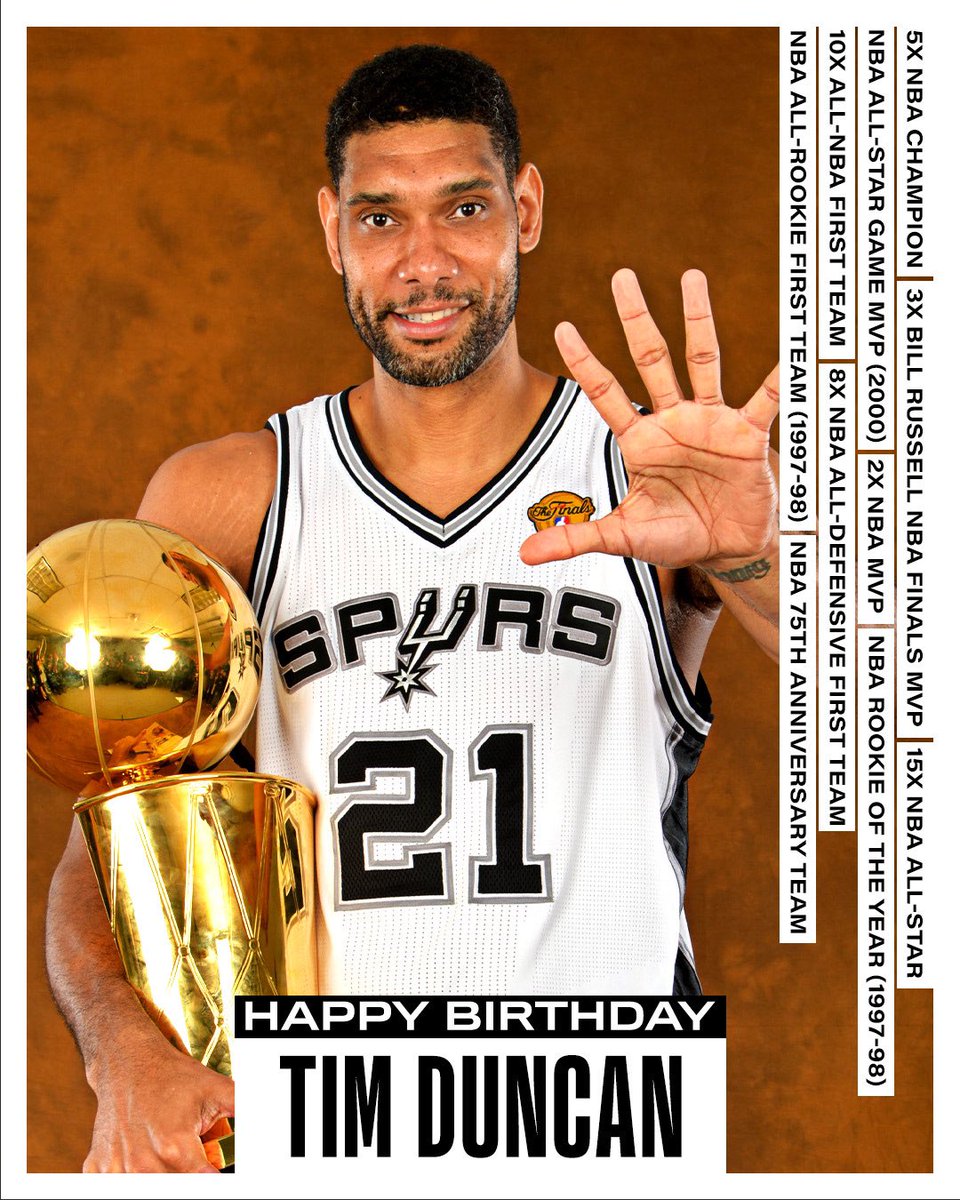 Join us in wishing a Happy 48th Birthday to 15x #NBAAllStar, 5x NBA Champion, 3x NBA Finals MVP and 75th Anniversary Team member... Tim Duncan! #NBABDAY