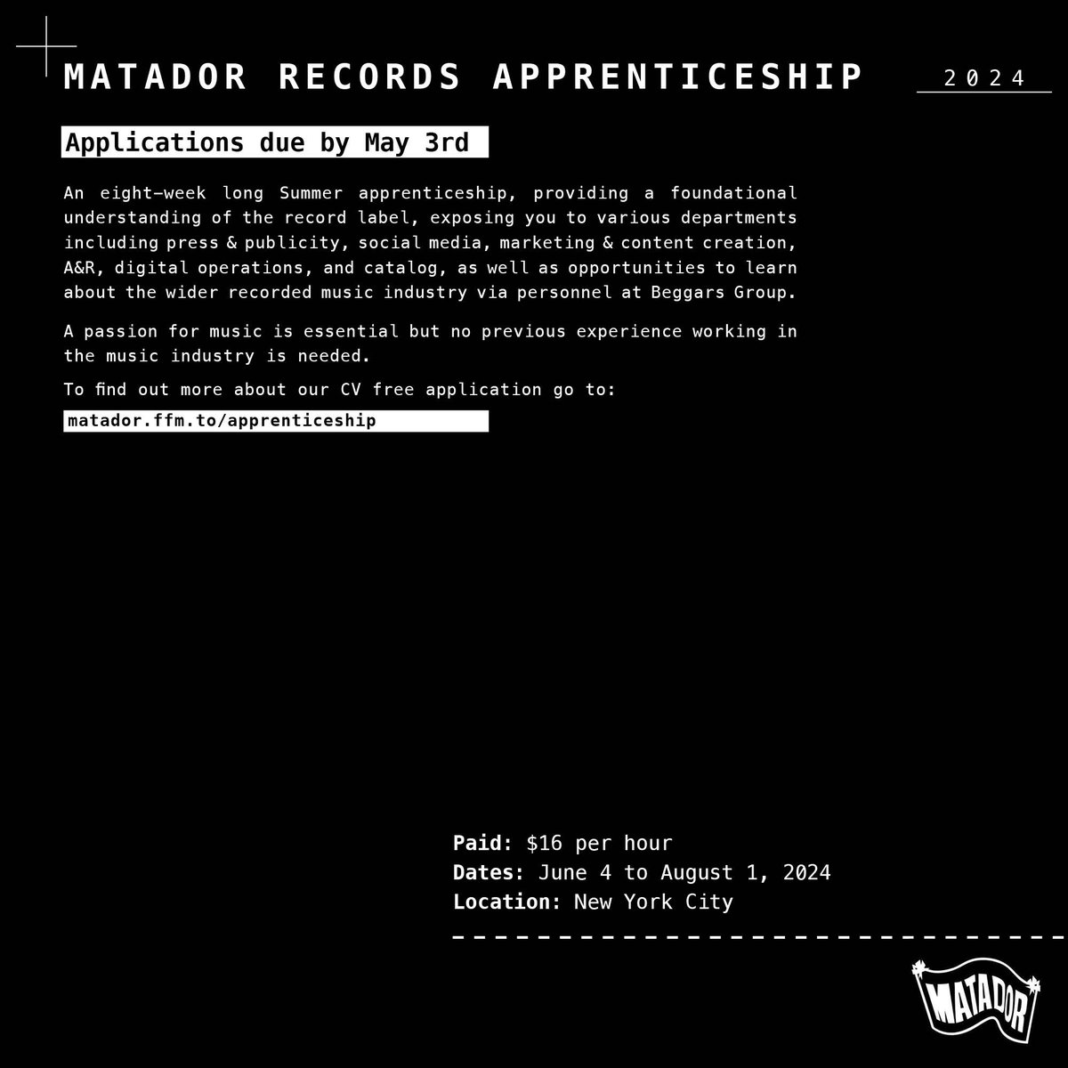 Applications are now open for our Summer 2024 Apprenticeship program. Learn more and apply (by May 3rd) via matador.ffm.to/apprenticeship