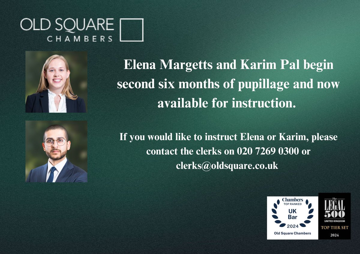 OSC's Elena Margetts and Karim Pal have begun their second six months of pupillage and are now available for instruction. Please contact the clerks for further info on 020 7269 0300 or clerks@oldsquare.co.uk #pupillage #instructions #secondsix #barristers #pupils