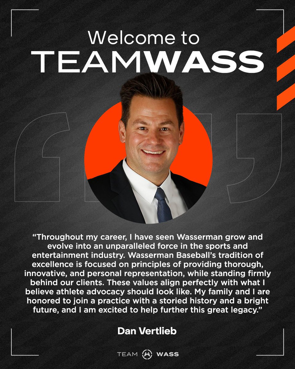 Wasserman's tweet image. Welcome to #TeamWass, Dan Vertlieb! We are excited to add Dan and his clients to our @WassBaseball division ⚾

🔗: teamwass.com/news/wasserman…