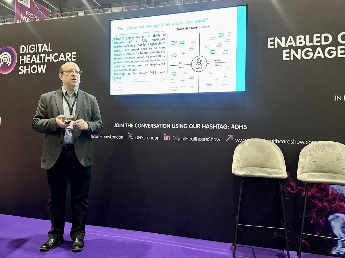 Learning at <a href="/DHS_London/">Digital Healthcare Show</a> about involving patients in co-designing digital health solutions. Insightful session with <a href="/cflashman/">clive flashman 💙</a> from <a href="/ptsafetylearn/">Patient Safety Learning</a> on using decision sprints &amp; empathy maps to grasp patients’ thoughts, feelings, words, and actions. 
#PatientEngagement #DigitalHealth