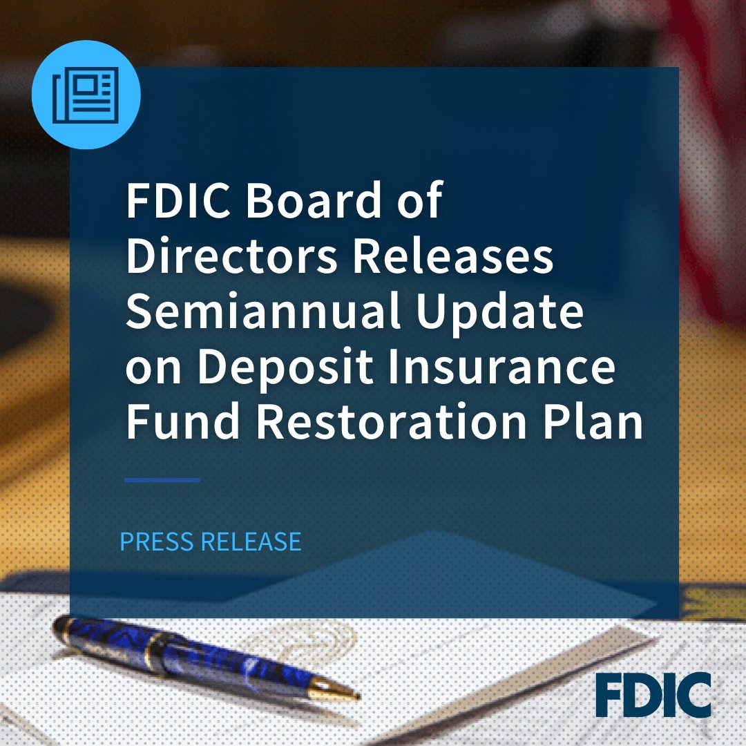 Today, our Board of Directors released the semiannual update on the Deposit Insurance Fund Restoration Plan. We project the Fund is on track to reach the statutory minimum reserve ratio ahead of the September 2028 deadline. fdic.gov/news/press-rel…