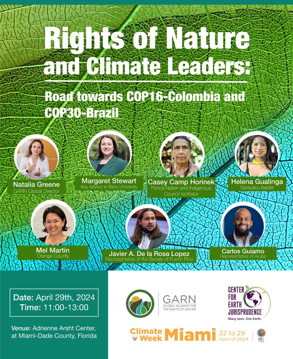 🔜🌎🍃 You are invited! #RightsofNature and Climate Leaders: Road towards COP16-Colombia and COP30-Brazil

🗓 Monday, April 29th
⏰ 11 AM to 1 PM
📍 Adrienne Arsht Center in Miami-Dade County, Florida 🇺🇸
No registration required - FCFS

#ClimateWeekMiami
@TerraAdvo @CarlosGuiamo