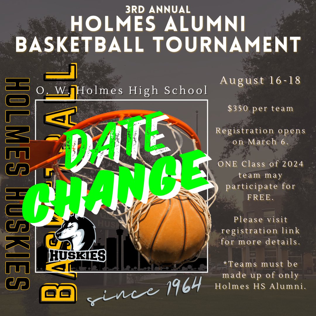 🚨🚨🚨DATE CHANGE🚨🚨🚨 📣Attn: Holmes Alumni - we will be hosting our 3rd Annual Holmes Alumni Basketball Tournament August 16-18. Click on the link below for more details about the tournament as well as how to register. Registration Link: docs.google.com/forms/d/e/1FAI…