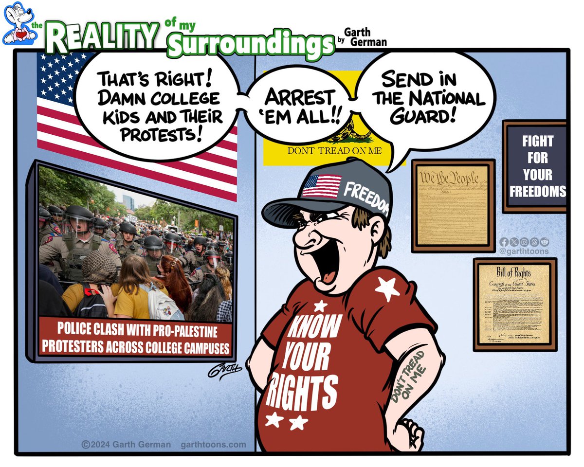 Cheering on armed forces to suppress Constitutional rights - is there anything more American than that?

Follow for more cartoons!

#protests #protestors #PalestineLivesMatter #collegeprotests #ColumbiaUniversity #FirstAmendment #righttoprotest #rights #politics