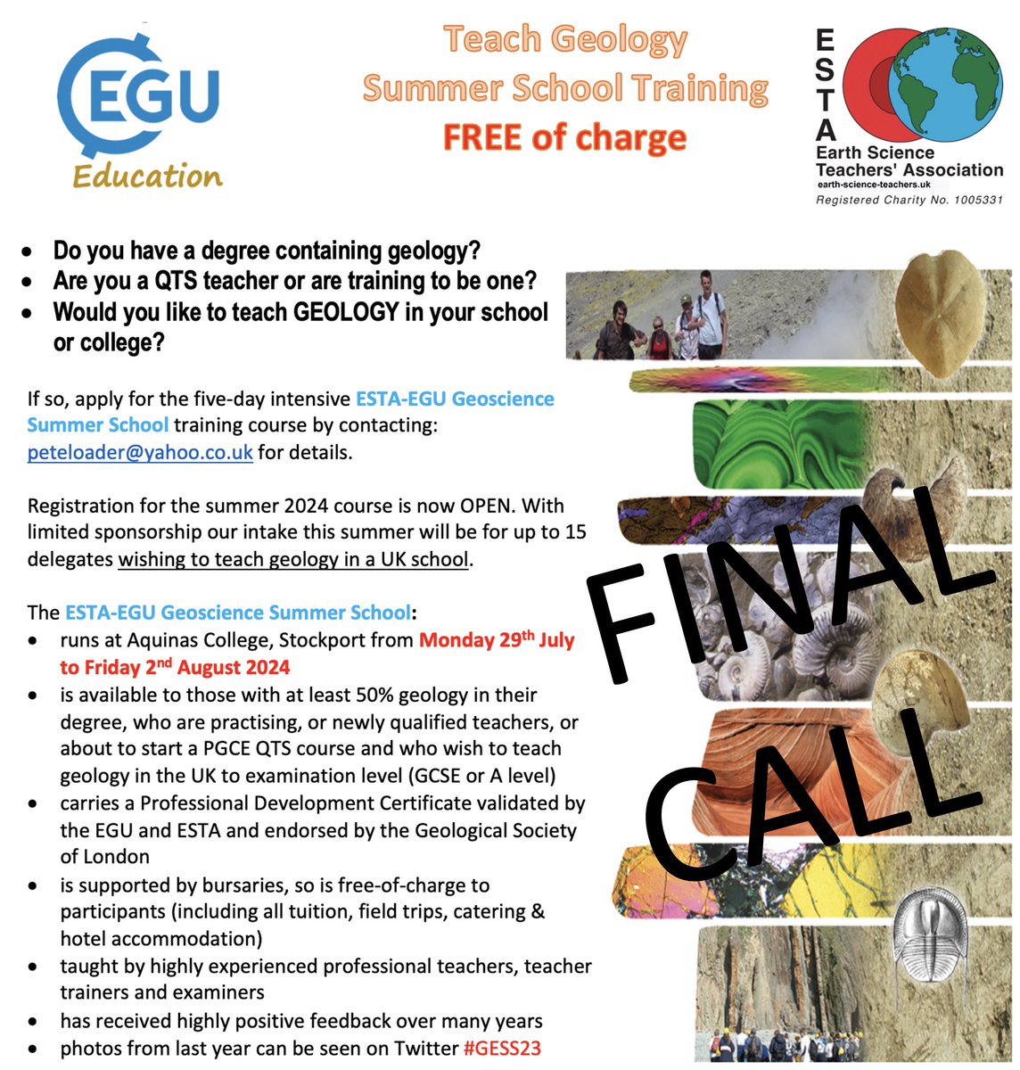 For all UK #GeographyTeachers - if you are interested in improving your geology pedagogy at GCSE and/or A-level, then there's still at least 1 place left on this summer's paid for (incl. hotel!!) 1-week course from @ESTA_UK ... Details attached