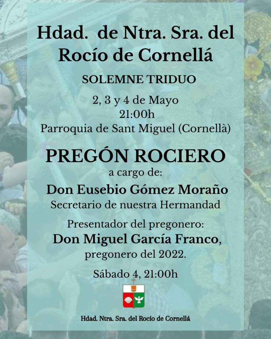Llegando Pentecostés damos comienzo a una semana cargada de actos preparativos para tal fin. 
Sabado 27 Santo Rosario a las 19h.
Domingo 28 de Abril Misa y comida Pro-Rocío. 
Jueves 2, viernes 3 y SOLEMNE TRIDUO (21h.)
Sábado 4 de Mayo a las 21h. PREGÓN ROCIERO.
