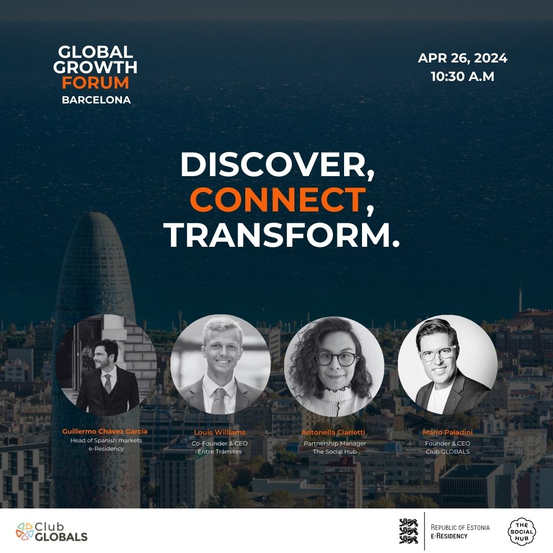 Join us at GLOBAL Growth Forum in Barcelona tomorrow! 🌐 Speakers include Antonella C., Guillermo Chávez García, Louis Williams & Mario Paladini. 🗓️ 26-04, 10:30 AM at The Social Hub. Connect & expand globally! 🌍 Last spots available! #GGFbcn24 #eResidency #ClubGLOBALS