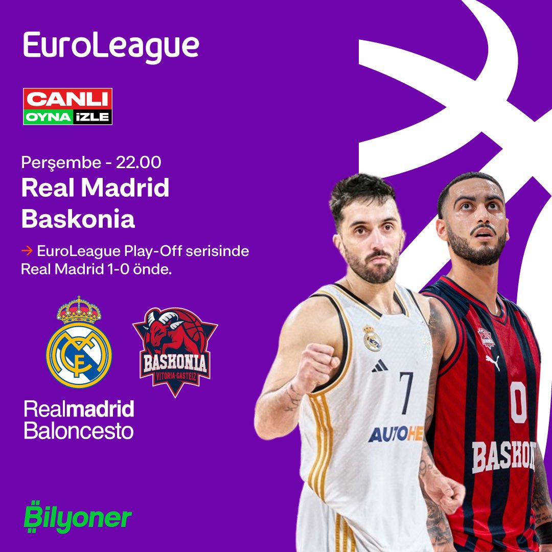 🏀 #EuroLeague Play-Off turu ikinci maçında Real Madrid, Baskonia’yı ağırlıyor. Bilyoner'de Hemen Oyna ➡️ bit.ly/Bilyoner_Baske…