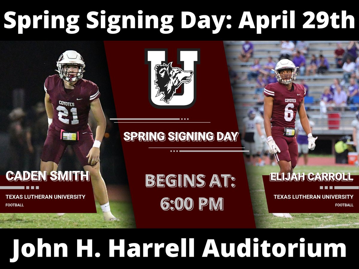 The Spring Signing celebration will include the following: 530-550:Barrientos- Western Tx College 6-620:Smith & Carroll- TLU 630-650: Ybarra- McMurry University 7-720: Collins-San Angelo State University 730-750: Goggans- Hardin Simmons University 8-820: Rodriguez- Oakton College