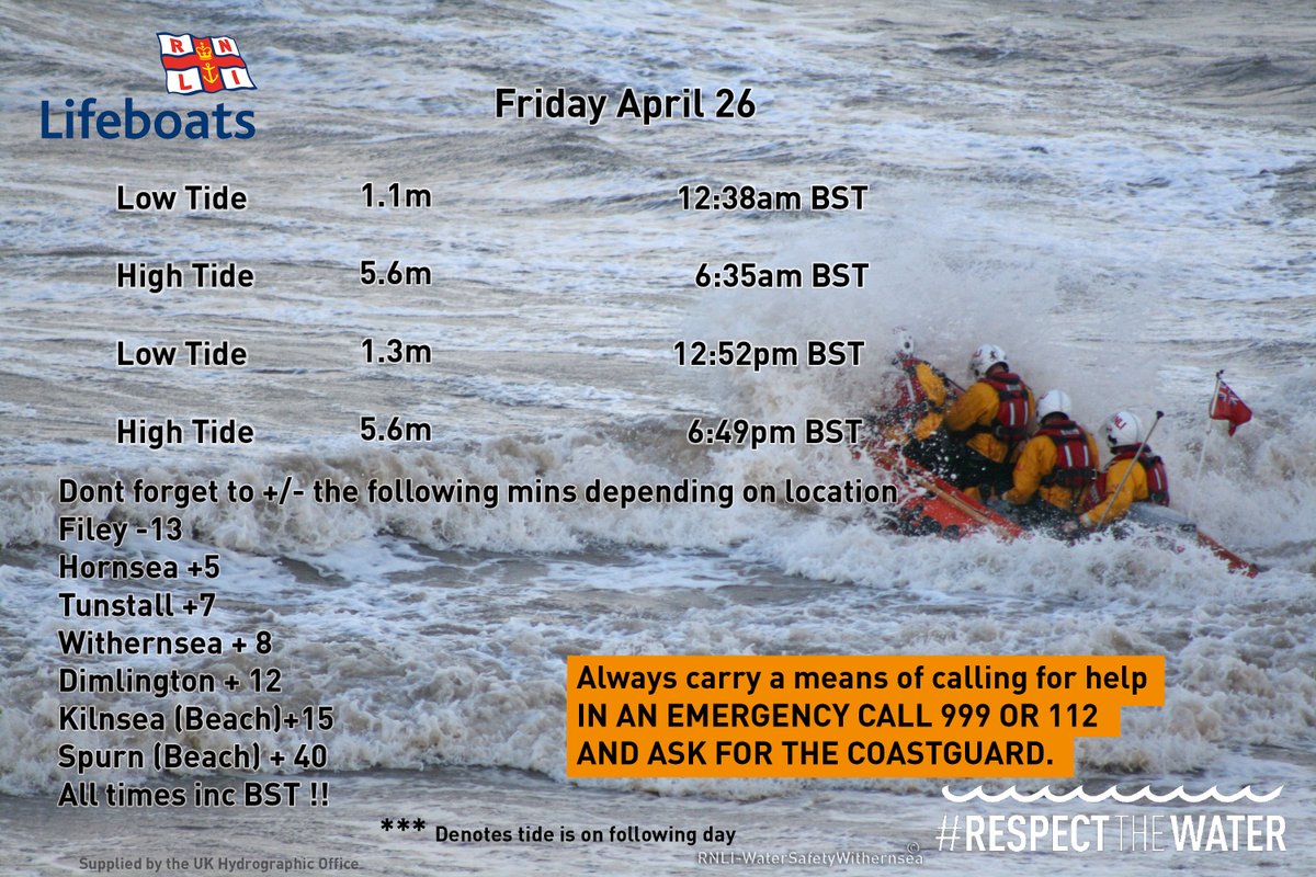 Friday April 26 Always check the weather and tides before venturing out.  #RespectTheWater #BeWaterAware #BeCoastSafe #TideTimes #WaterSafety #Withernsea #HoldernessCoast #HoldernessTides