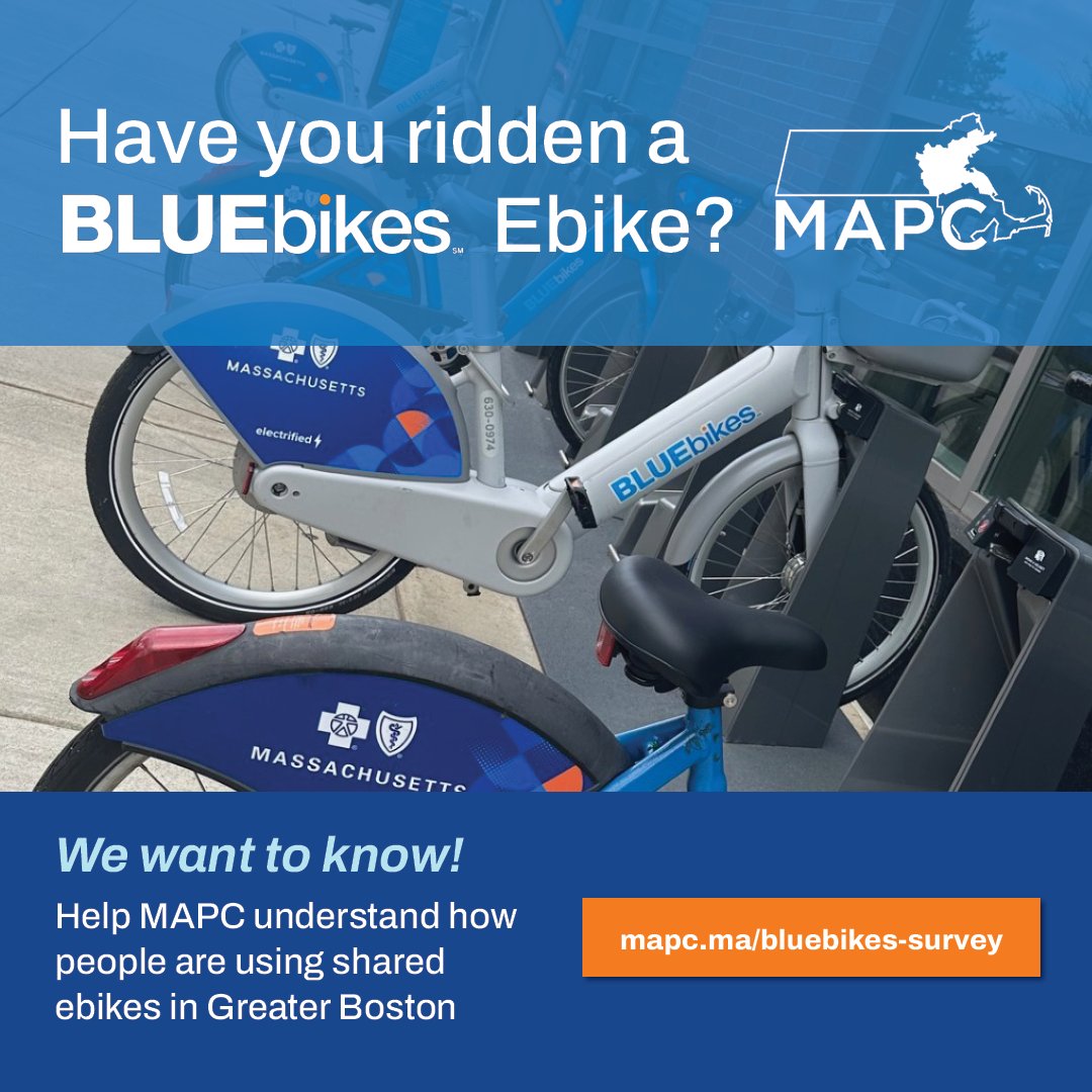 There’s still time to take our quick @RideBluebikes Ebikes survey, available at: ▪️ mapc.ma/bluebikes-surv… to help us understand how people across the region are (or are not) using these newly available Ebikes.🚲 Are you one of those riders? Or are you considering becoming one?