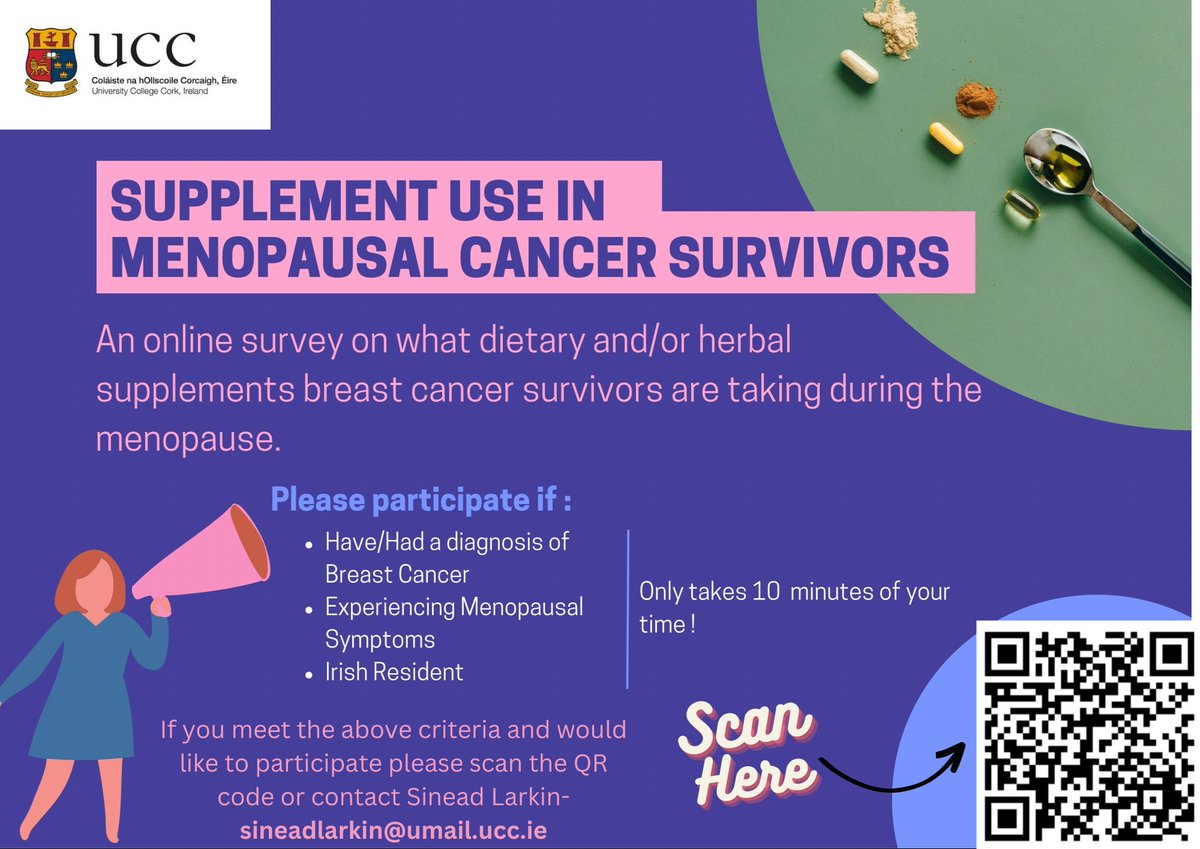 Looking for participants! @UCC researchers are conducting the first Irish survey investigating dietary and herbal supplement use in menopausal female cancer survivors. Link to survey - ucc.qualtrics.com/jfe/form/SV_81… @sam_cushen @SEFSUCC @UCCResearch