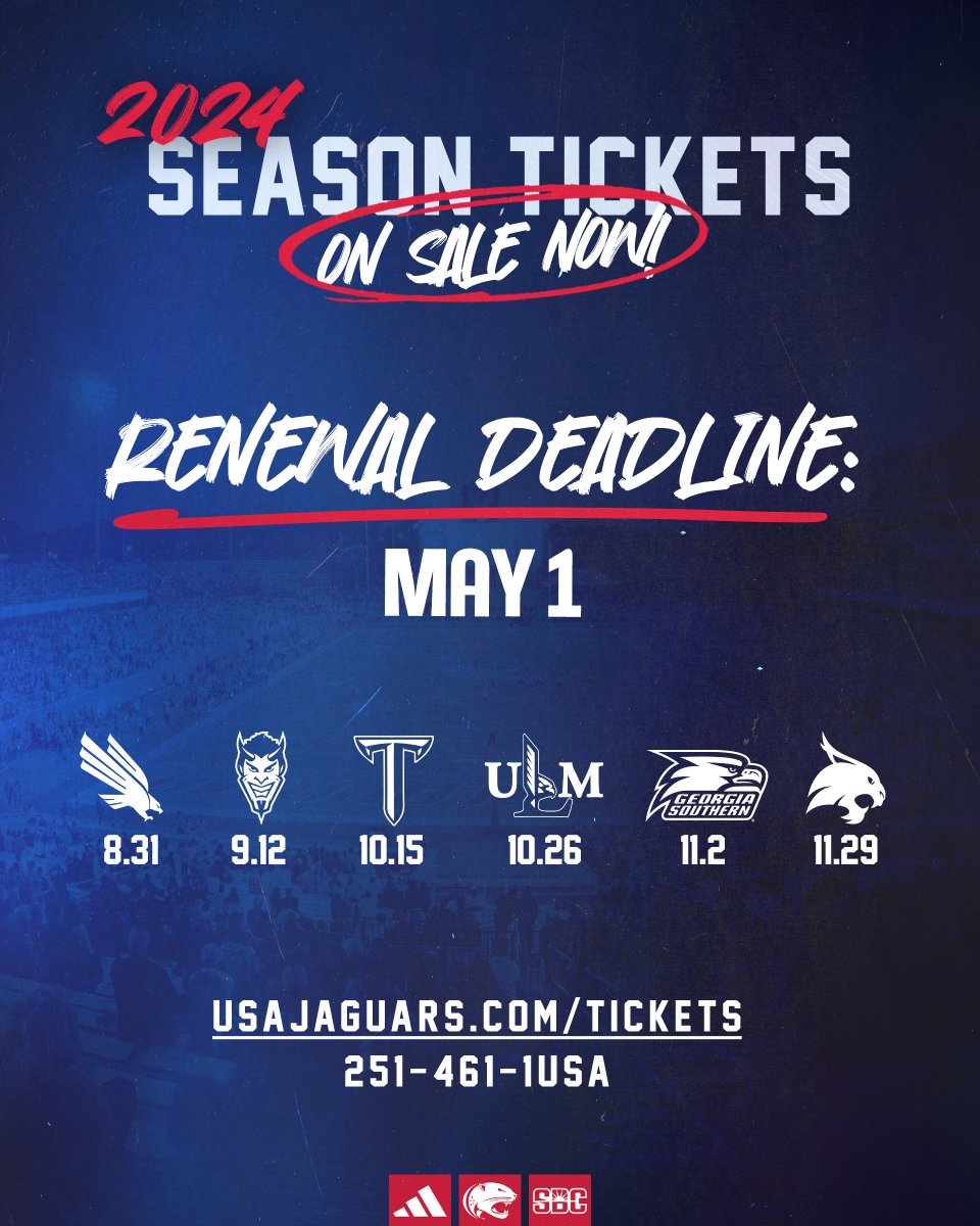 We're less than one week away from the 2024 season ticket renewal deadline‼️ Renew your season tickets or purchase new season tickets by visiting the link below. 🎟️ USAJaguars.com/tickets/footba…