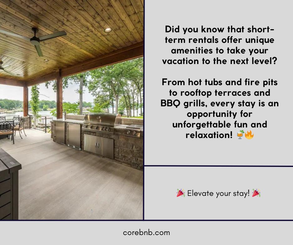 Did you know that short-term rentals offer unique amenities to take your vacation to the next level? From hot tubs and fire pits to rooftop terraces and BBQ grills, every stay is an opportunity for unforgettable fun and relaxation! #LuxuryLiving #AmenitiesGalore #VacationGoals