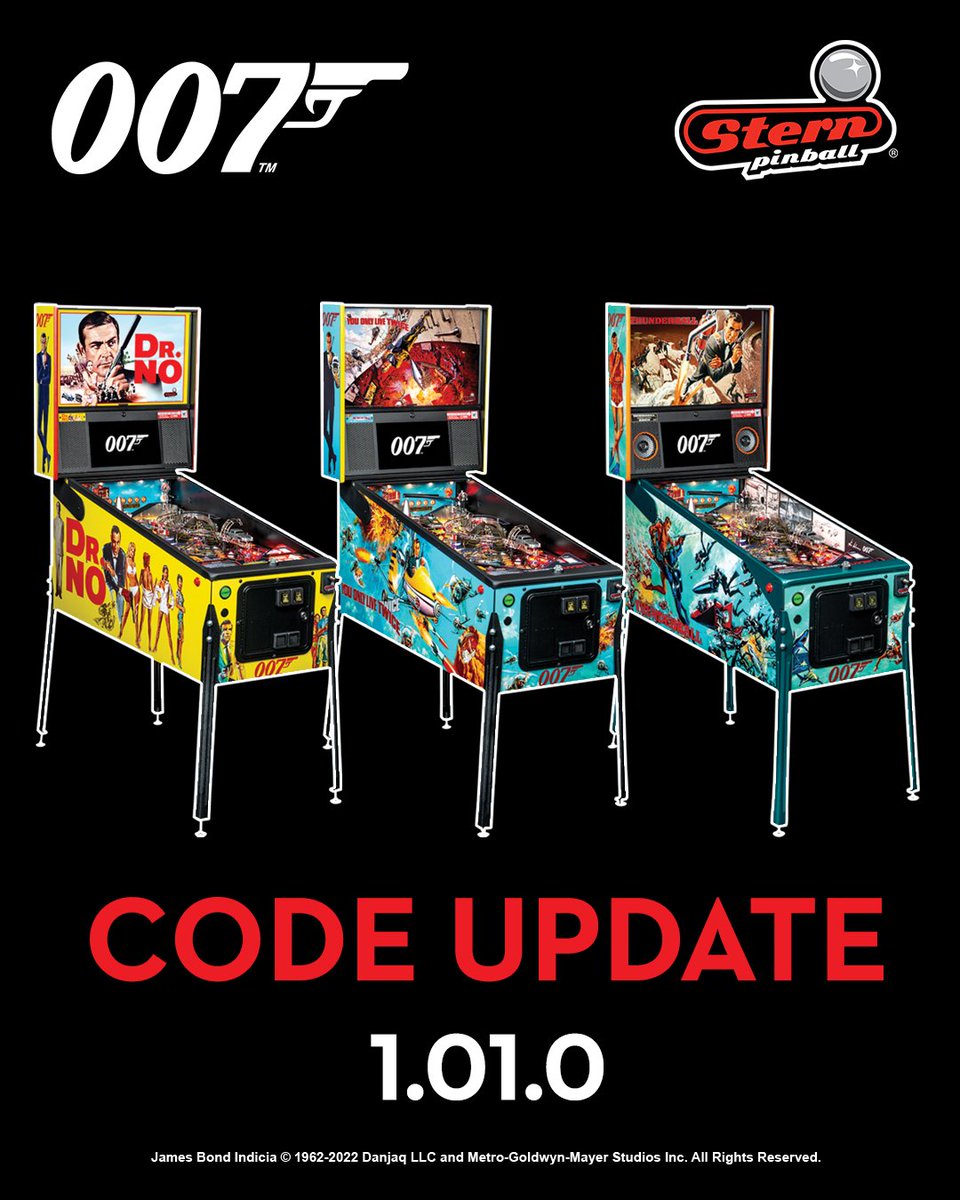 NEW CODE! Stern Pinball has posted new James Bond 007 code v1.01.0 for the Pro, Premium, and Limited Edition models. This code contains minor updates and bug fixes.