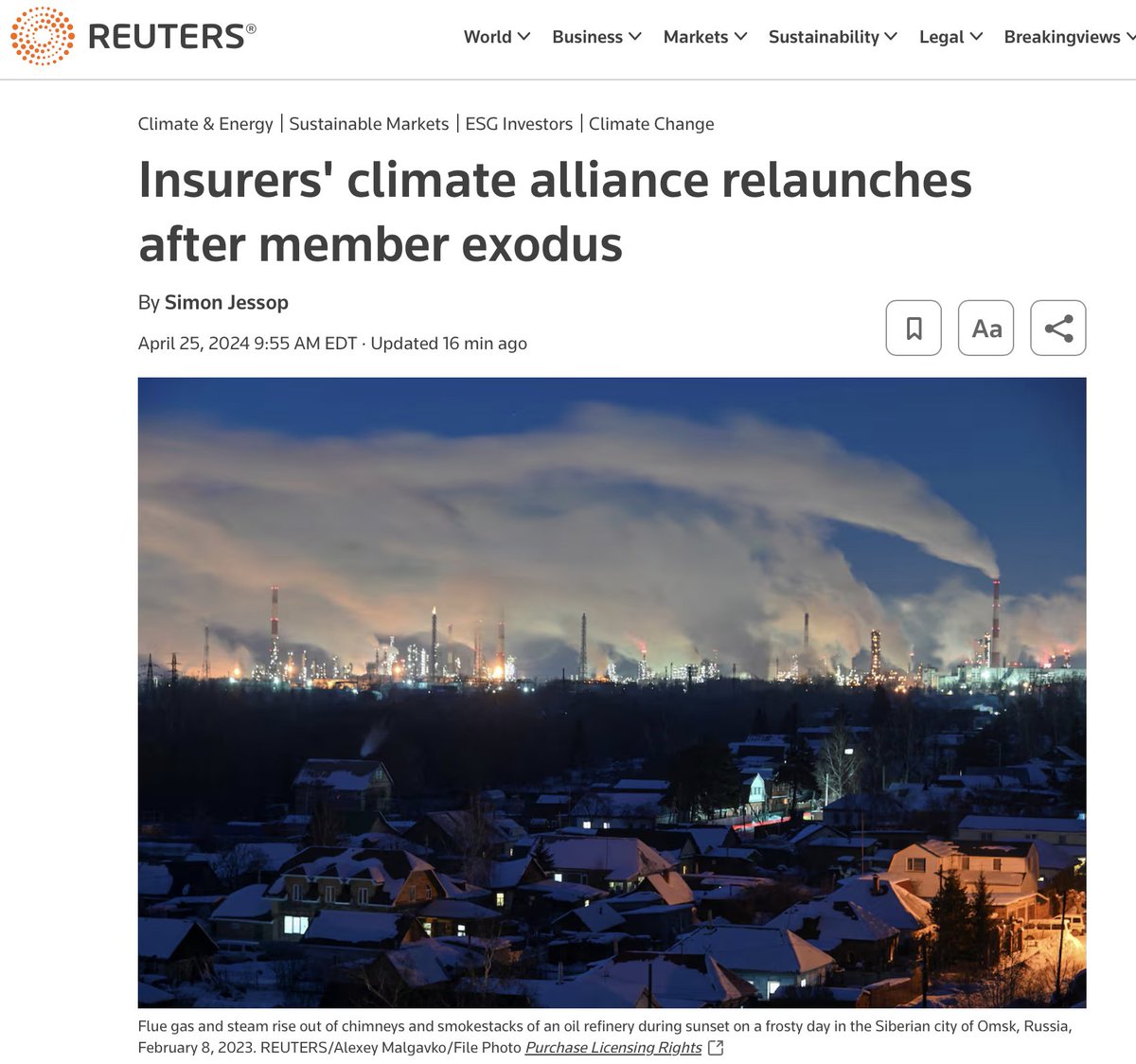 As predicted, ESG 'net zero' insurance industry group rebrands and relaunches:

The insurance group, called the Net Zero Insurance Alliance (NZIA), will be disbanded and replaced by the Forum for Insurance Transition to Net Zero (FIT), the United Nations Environment Programme,