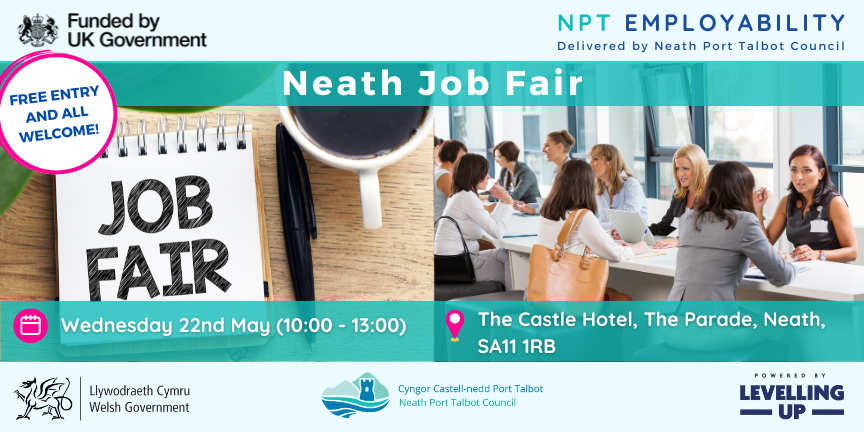 We will be attending a job fair in The Castle Hotel, Neath on Wednesday 22nd May, 10am-1pm. Come along and hear about some of our job opportunities and how to apply!