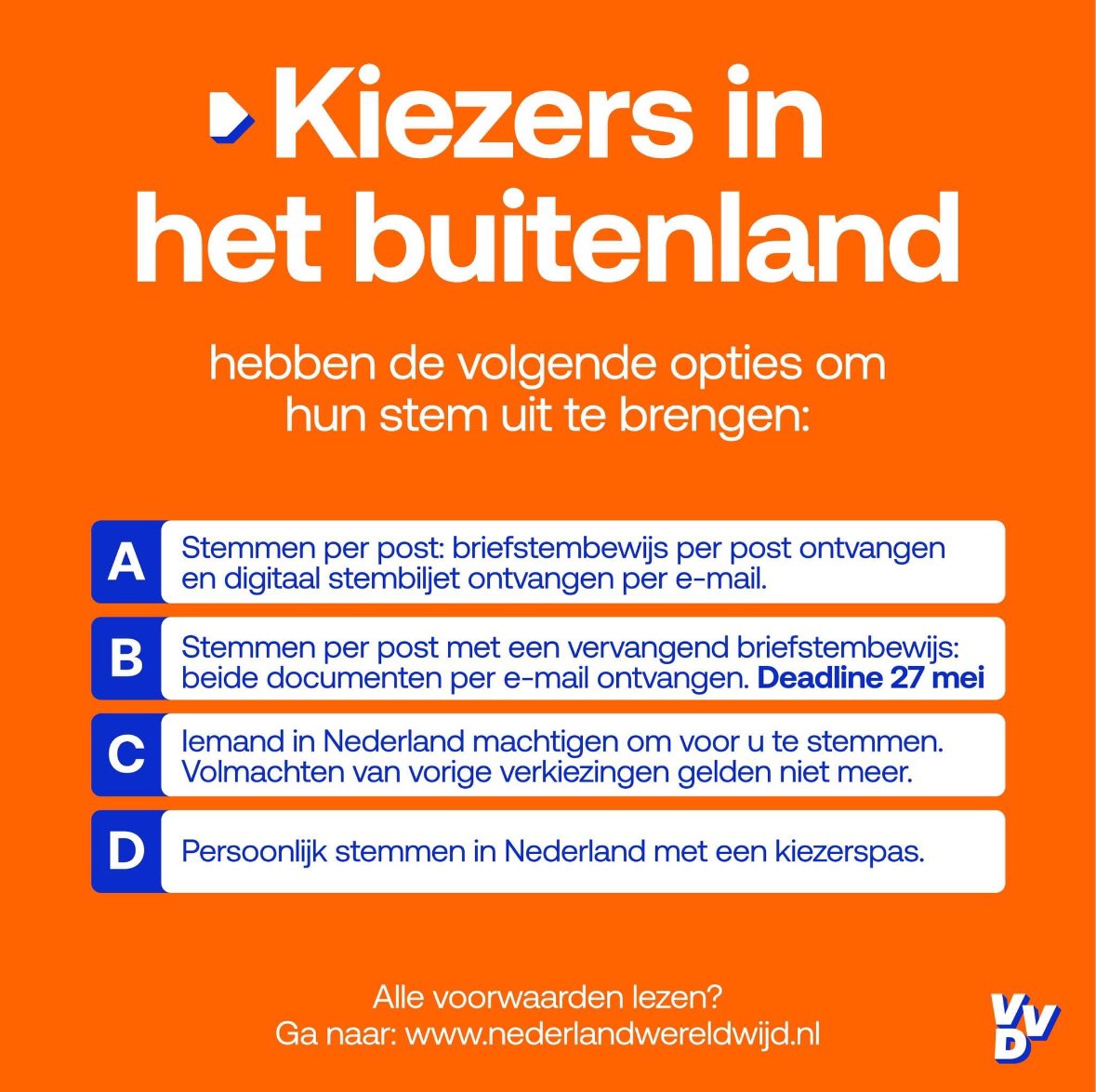 🚨 Vandaag is de laatste kans! Wil je stemmen voor de Europese verkiezingen vanuit het buitenland? Registreer je NU! Ken je iemand in het buitenland die mogelijk wil stemmen? App/bel diegene NU! Laat geen stemmen verloren gaan. Daarvoor is de EU voor Nederland te belangrijk!