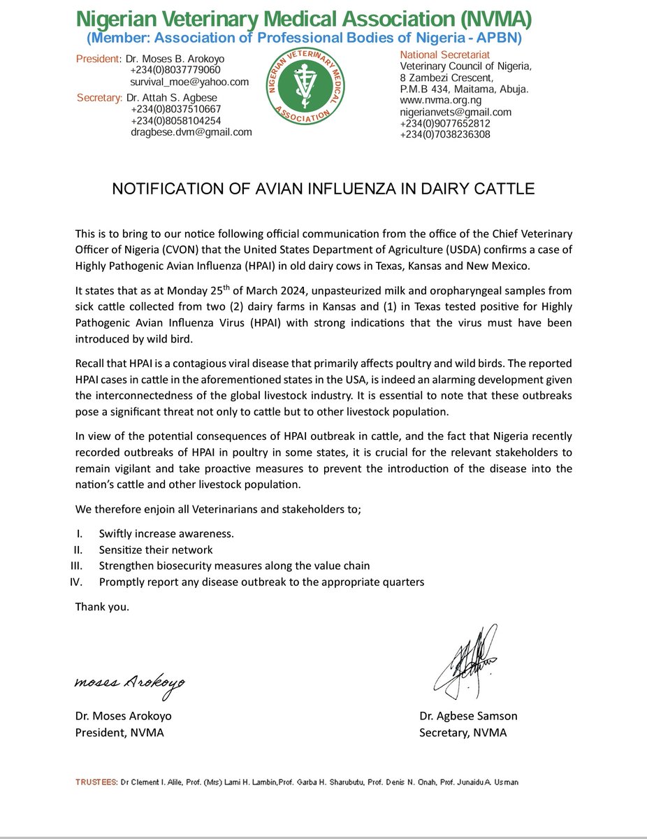 Notification of Influenza in dairy cattle.
#ONEHEALTH
#PUBLICHEALTHCONCERN
#ZOONOSES