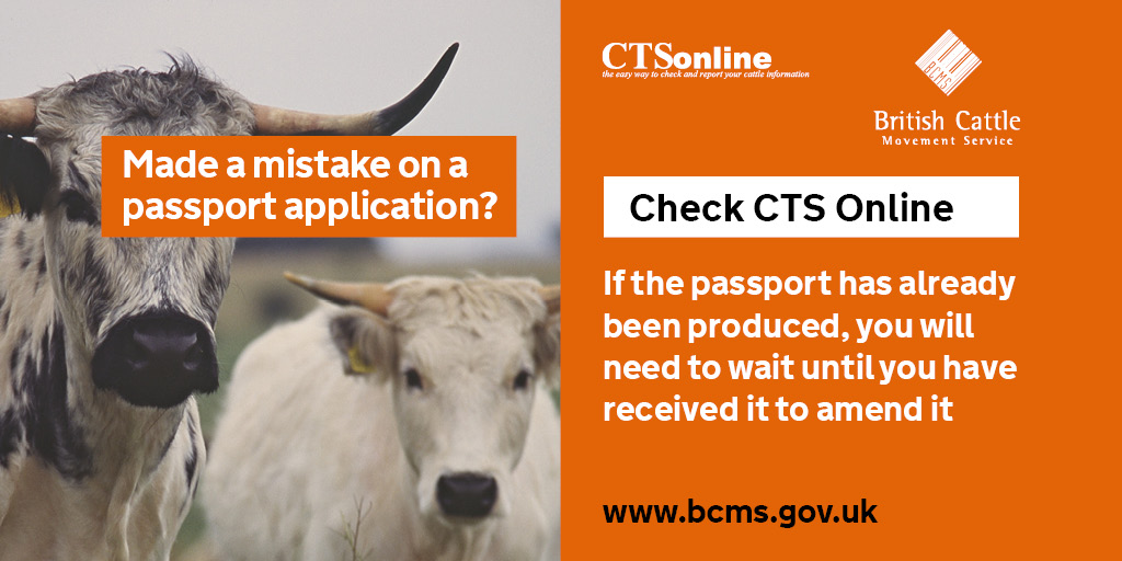 If you’ve made an error on a cattle passport application, check if the animal appears in your 'cattle on holding' list in CTS Online. 🐮 If the animal is on the list, the passport has already been issued. You'll need to wait until you've received it to amend it.