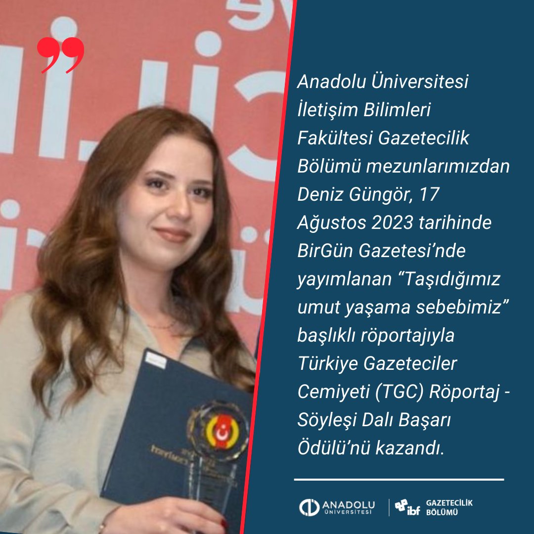 augazetecilik's tweet photo. Mezunlarımızdan Deniz Güngör, TGC Başarı Ödülü’nün sahibi oldu! https://t.co/2nehBFnNXO