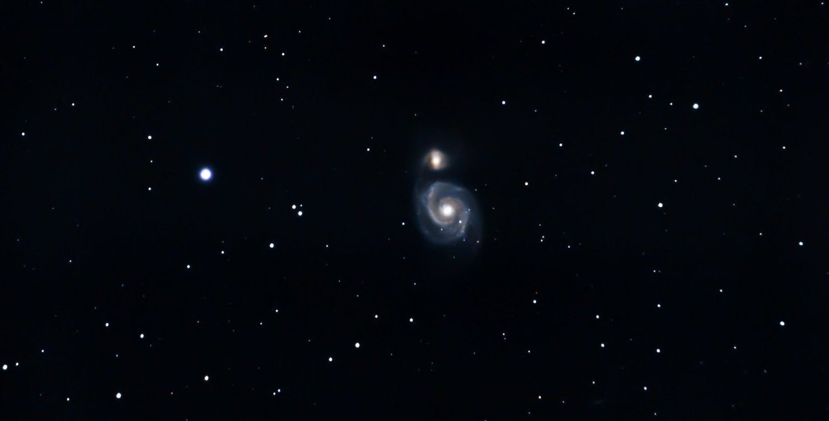 Apilado de 2 horas y 38 minutos de tomas a M51 en diferentes días. Apilada y procesada con Siril. #Astrophotography 
#Astrofotografia 
#M51