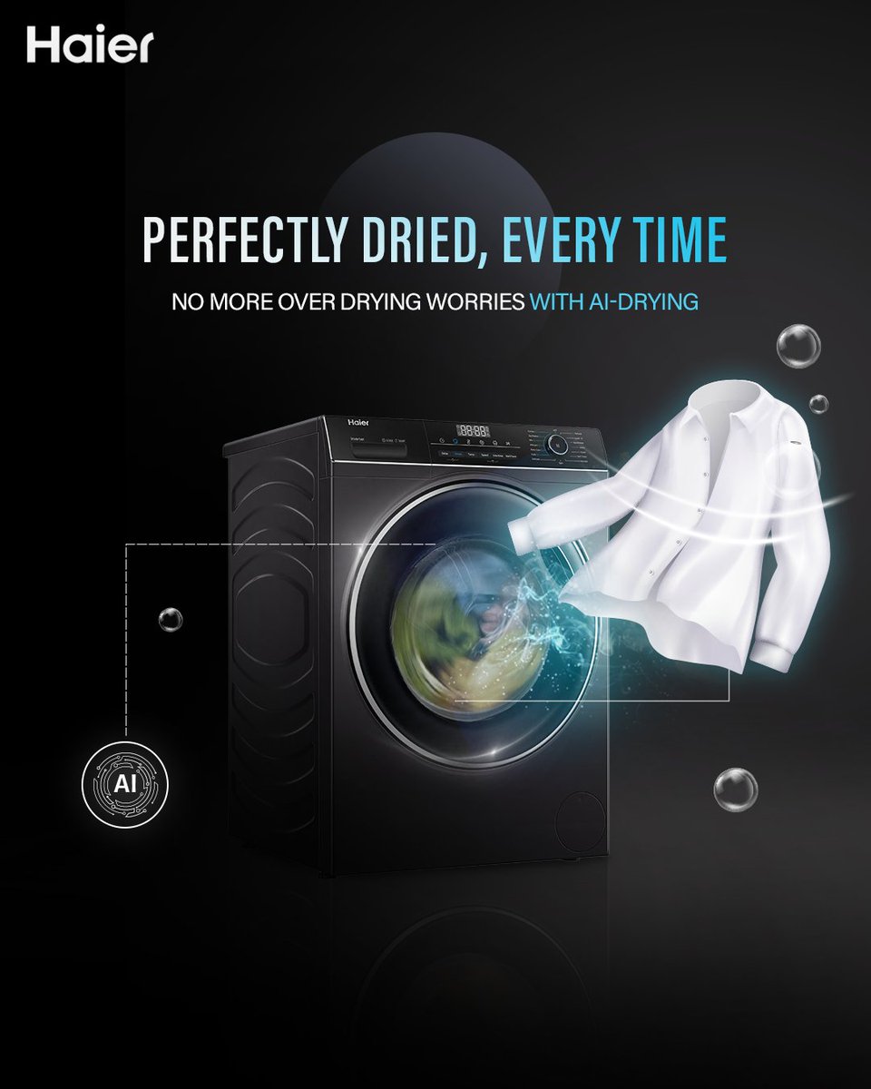 Unleash the future of laundry with the Haier Wi-Fi Front Load Washer! This masterpiece features AI Drying technology that ensures your clothes are never over-dried or wrinkled. #Haier #MoreCreationMorePossibilities #AIDrying #WashingMachine #FrontLoad