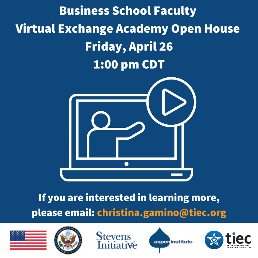 TexasConsortium's tweet photo. We are excited to host another Open House for our Virtual Exchange Academy for business school faculty! @StevensInit @StateDept

#WorldClassConnection #VirtualExchange #BuildingBridges #GlobalLeaders #CulturalCompetencies https://t.co/6mrTEglqbZ