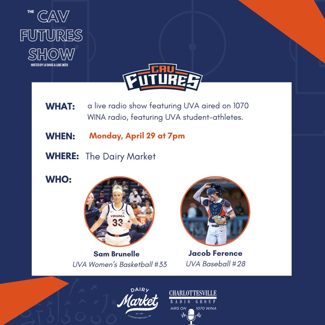 Hoos ready for another CavFutures Show?! 

We’re live this Monday at 7pm at the Dairy Market with Sam Brunelle (<a href="/UVAWomensHoops/">Virginia Women's Basketball</a> ) and Jacob Ference (<a href="/UVABaseball/">Virginia Baseball</a> )‼️

See you there, <a href="/virginiasports/">Virginia Cavaliers</a> fans! 🏀⚾️