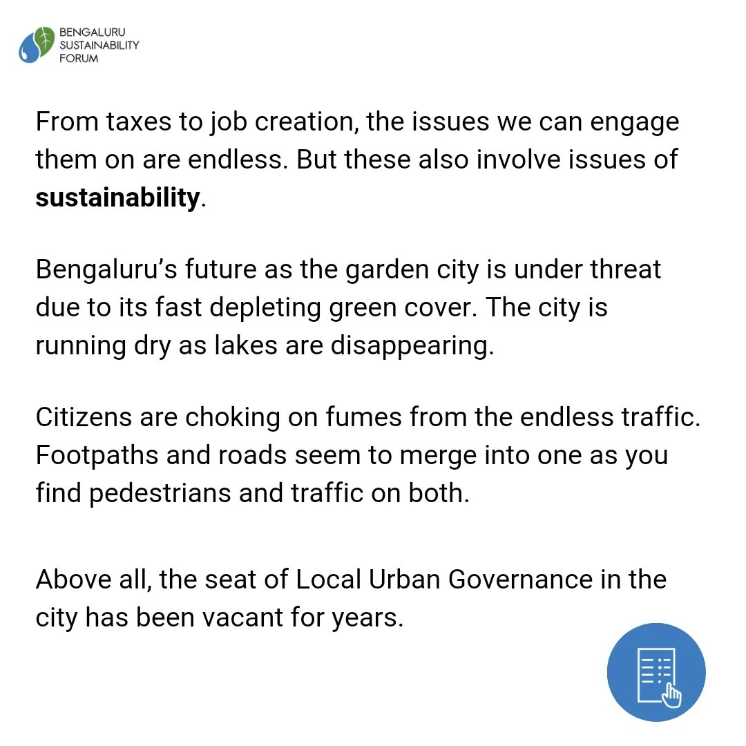 sustainBLR's tweet photo. An important day for sustainability and our city. Make sure to cast your vote on 26 April! Here's a small peek into what this election means for all of us. For more resources - @citizenmatters  #election2024 #generalelections2024 #bangaloreelections #democracy #vote https://t.co/QUvL9jkzCx