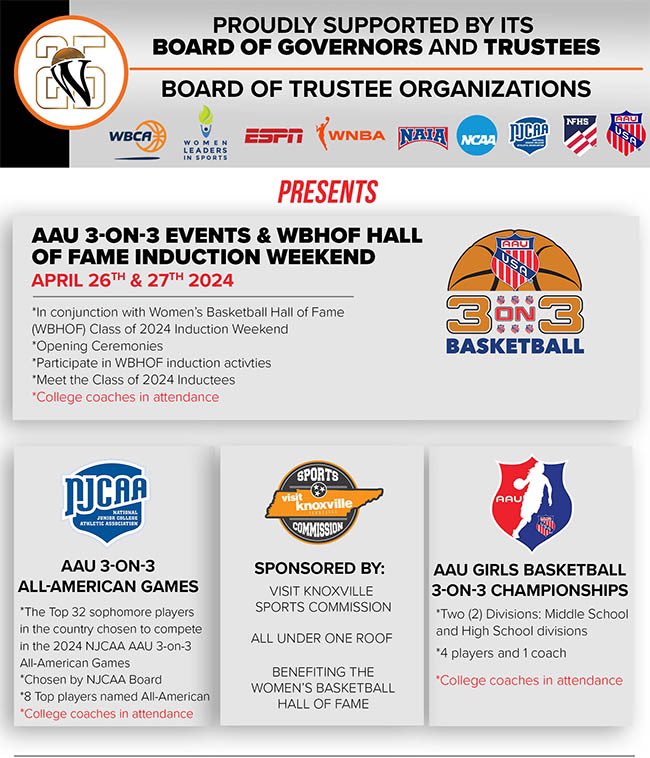 This is going to be a huge weekend in Knoxville‼️ AAU 3-on-3 Championships & the @WBHOF Class of 2024 Induction 🏀❤️ The AAU championship tournament will be joined by the @NJCAA x @TheRealAAU 3-on-3 All-American Games! #aaubasketball #aaugirlsbasketball #wbhof #njcaa #aau3on3