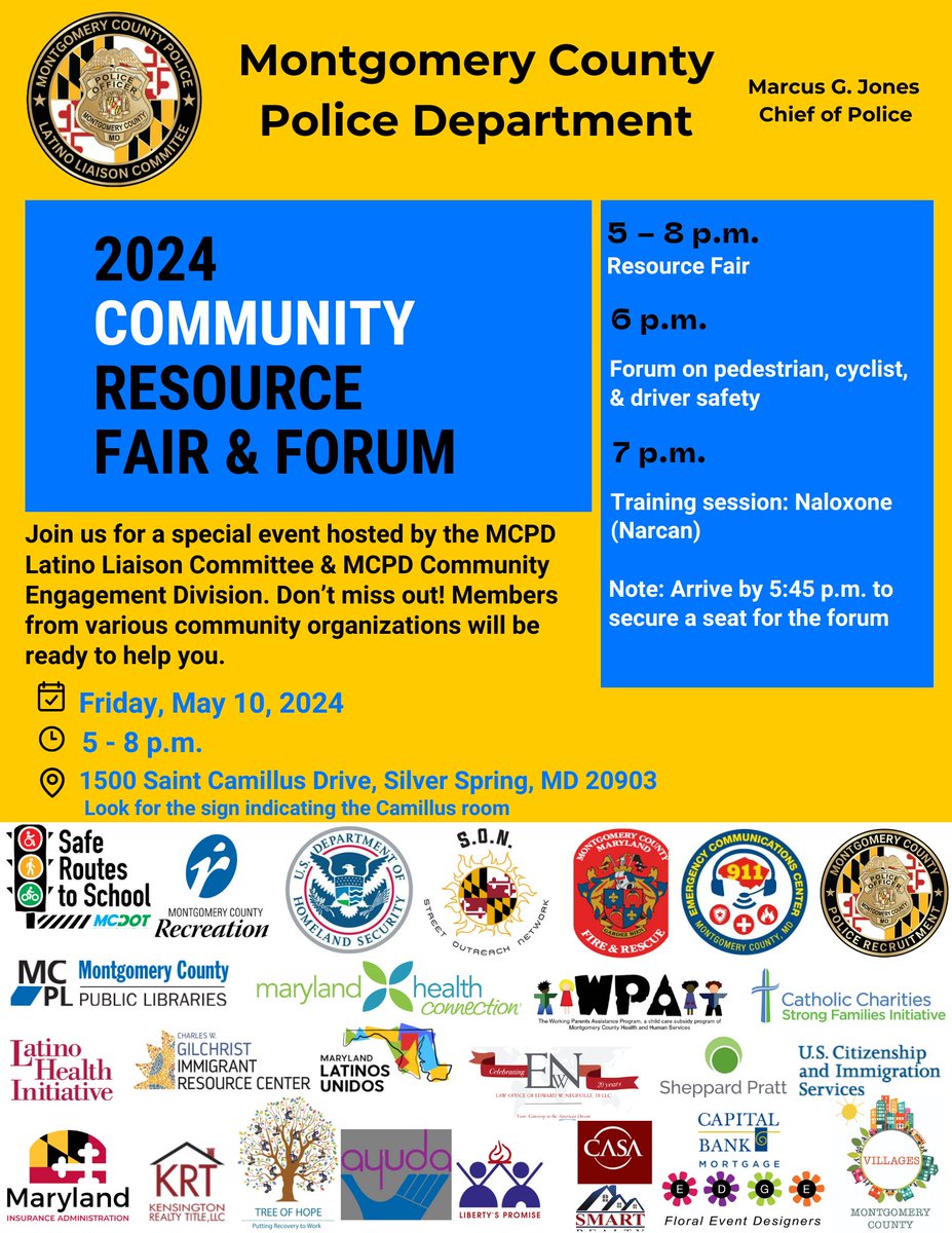 🚨LOCATION CHANGE: 1500 Saint Camillus Drive, Silver Spring, MD 20903 - Camillus Room🚨

We can't wait to see you at the 2024 Community Resource Fair and Forum at our new location! 

🗓05/10/2024
🕔5-8 p.m.​
📍1500 Saint Camillus Drive Silver Spring, MD 20903

#MCPNews #MCPD