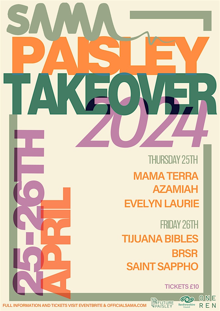 Today and tomorrow @OfficialSAMA Paisley Takeover with seminars at @UniWestScotland featuring the @ResonateScot team and live music @BungalowPaisley w/ @cafollamusic Evelyn Laurie, Azamiah @Tijuana_Bibles @brsrgla @saintsappho_ tickets / info ➡ officialsama.com
