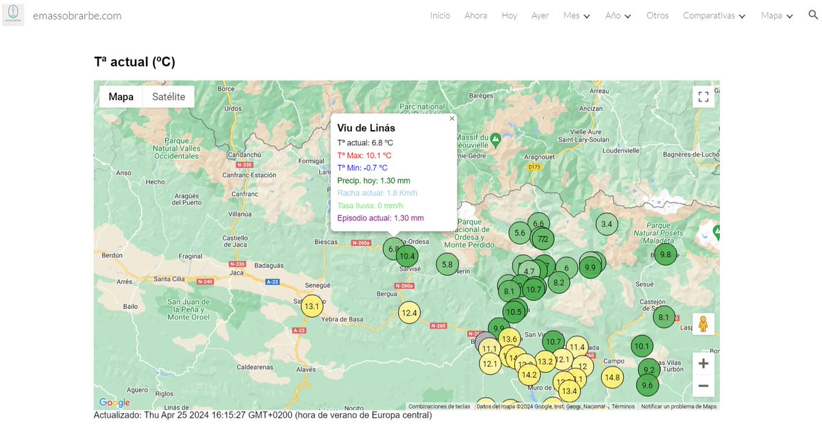 ¡¡Estamos de enhorabuena, hoy damos la bienvenida a una nueva estación en la red (aunque ya lleva tiempo activa)!!
¡¡De la mano de <a href="/MeteoCampingViu/">Meteo CampingViu Ordesa</a> se une Viu de Linás!! 

Todos los datos en emassobrarbe.com

¡Muchísimas gracias y a disfrutarla!