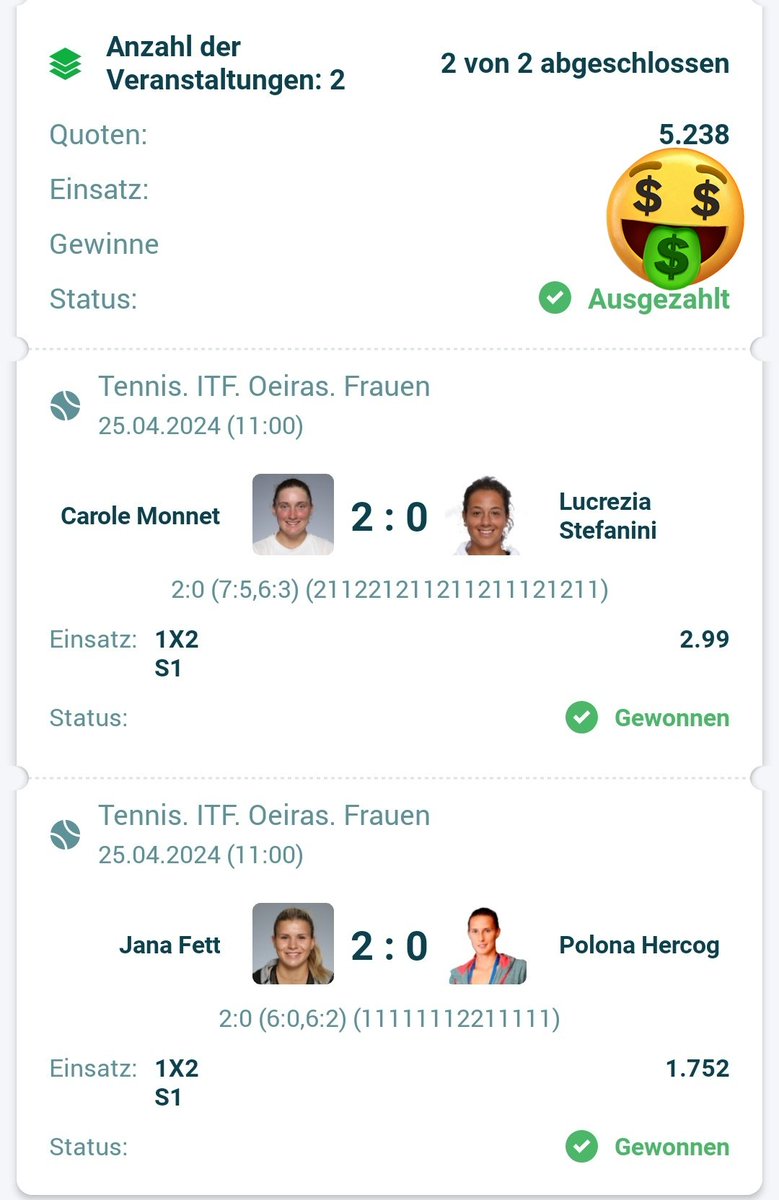 2er Tenniskombi von heute Vormittag - 5,2Q🎾
#sportwetten #Sport #wetten #tennis #turnier #Gewinn #gewonnen #Profit #quote #Tennis #itf #Auszahlung #Tipps #Kombi #zwei #Spiele #sieg