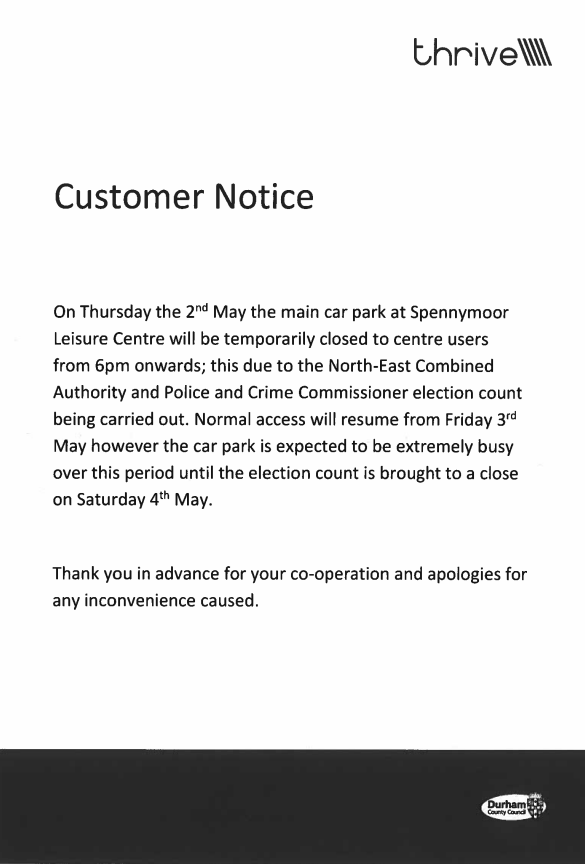 ⚠️A warning about customer parking at Spennymoor Library and Leisure Centre today!⚠️ Please see the attached posters for details regarding the temporary closure of the main car park at Spennymoor Leisure Centre from 6pm TODAY until TOMORROW. We apologise for any inconvenience.
