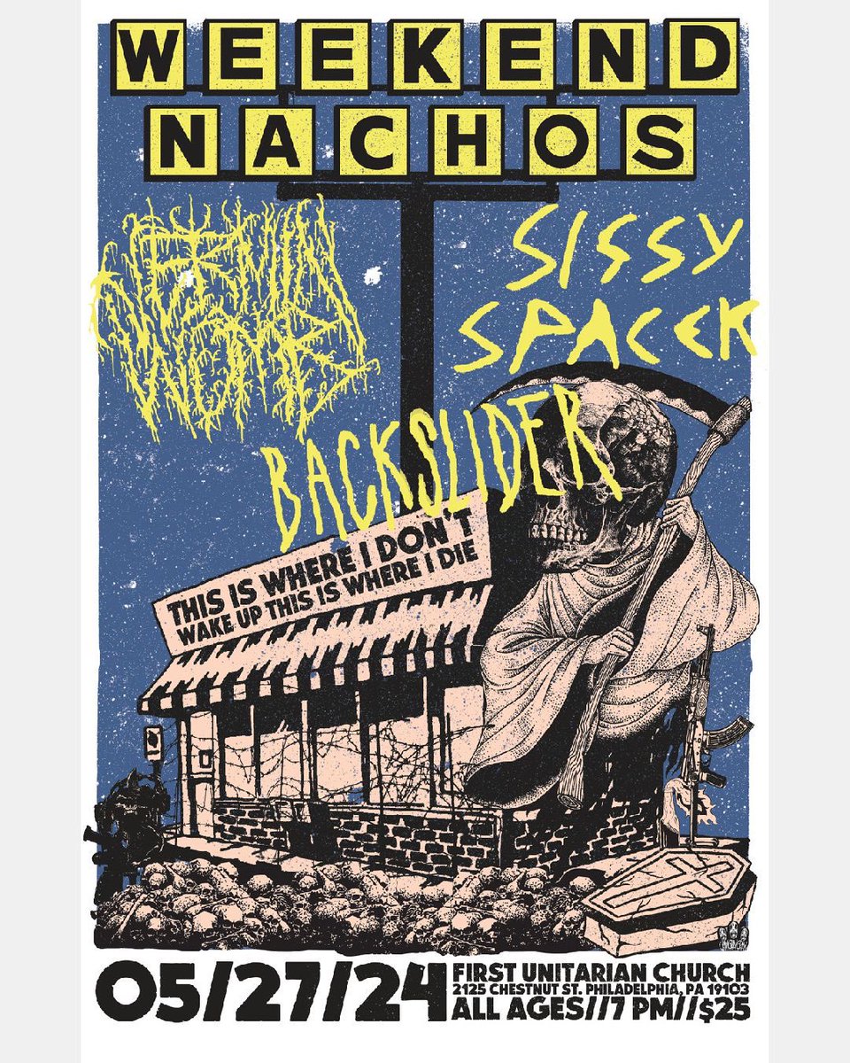 Four color Weekend Nachos poster for the timeline See you in hell 🫡🩸