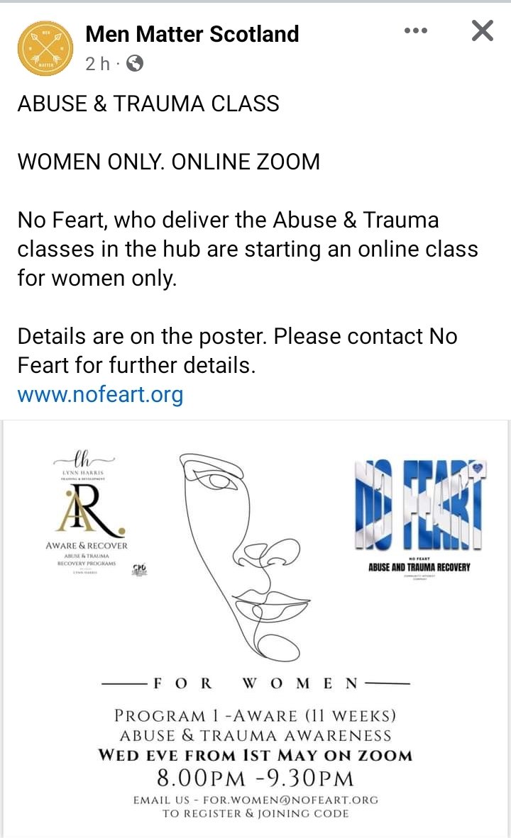 Our partners @NoFeartCIC are delivering a women's only online trauma class. Share with anyone you think would benefit. 🙏
