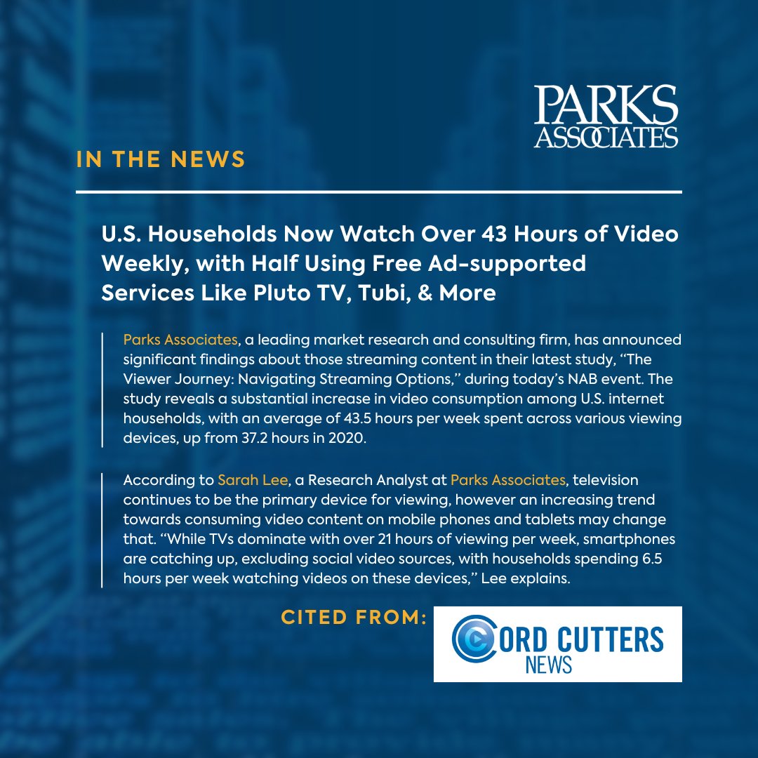 📢 We were cited in a @CordCuttersNews article about U.S. households now spending over 43 hours per week on video content with half on FAST by @HiJamesGuttman!📺🕒

🔗Read more: tinyurl.com/yx76bbv6
#parksdata #ParksAssociates #ParksAssociatesInsights #Streaming #OTT