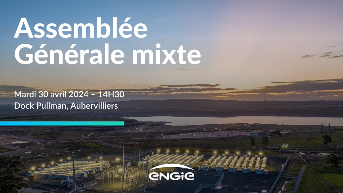 🗓 A l'agenda : L'Assemblée générale d'@ENGIEgroup se tiendra le mardi 30 avril 2024 à 14h30, au Dock Pullman, à Aubervilliers (93). Pour suivre la diffusion en direct ▶ engie.com/assemblee-gene…