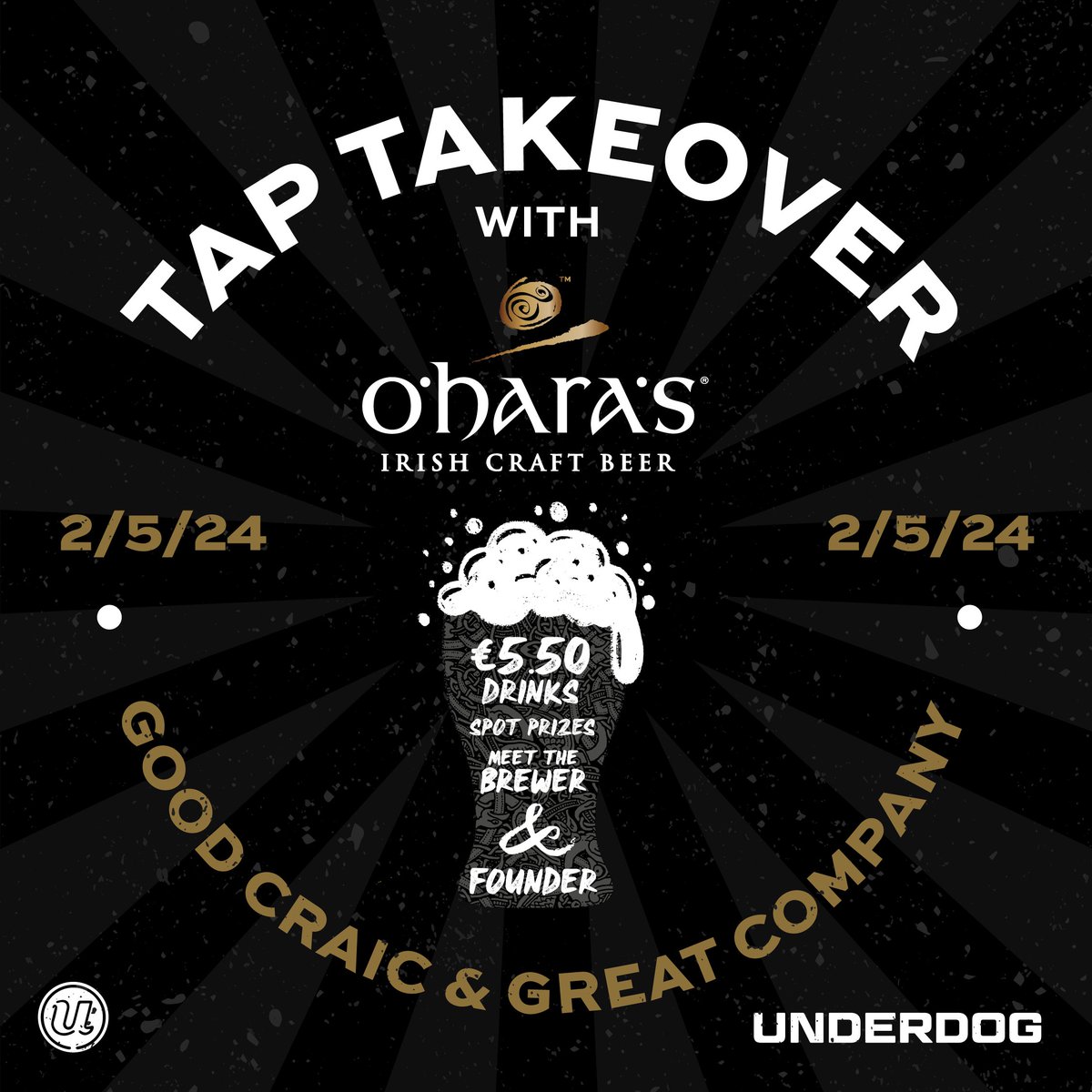Tap Takeover alert! Mark your calendars for Thursday, May 2nd because we're taking over the taps at Underdog Pub in Dublin! Join us for an epic night featuring over 5 of our beers, including our core range, collaborations, and even our new Sub Tropical IPA. We can't wait!